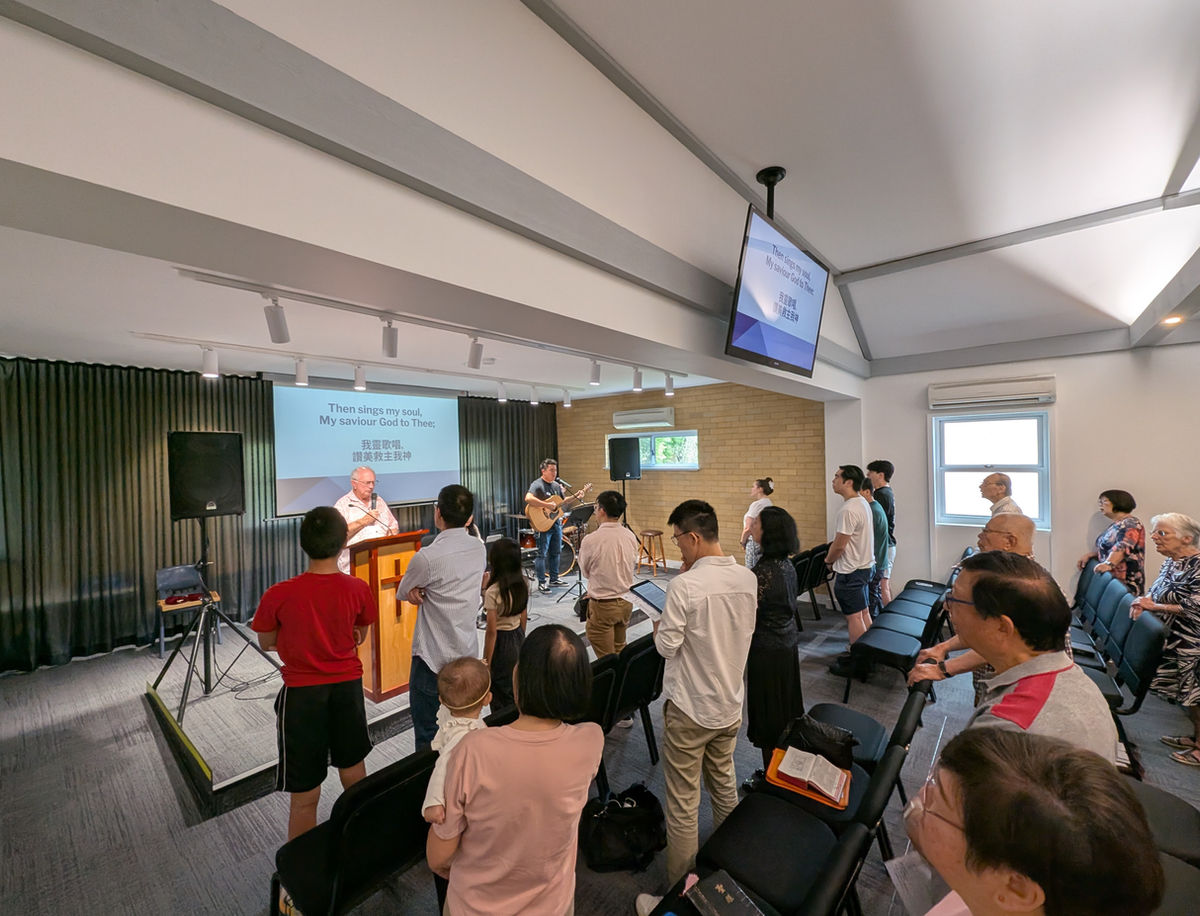 Sunday church service with worship band and congregation